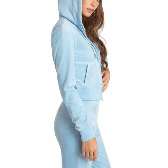 JUICY COUTURE BLING Velour 2 Piece TRACKSUIT Pants + Hoodie Set Frosted Blue NWT - Picture 8 of 16